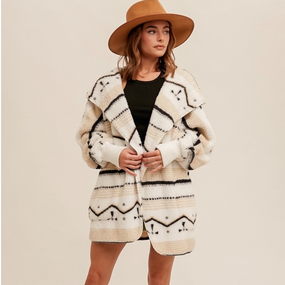 #7 LAST 1! STUNNING Sherpa Cream aztec Boho Chunky Soft Cozy Hoodie Fleece - Picture 4 of 8